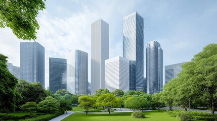 Fototapeta premium A delicate balance between the urban and the natural, as towering skyscrapers are embraced by lush greenery,Harmonious,Metropolis.