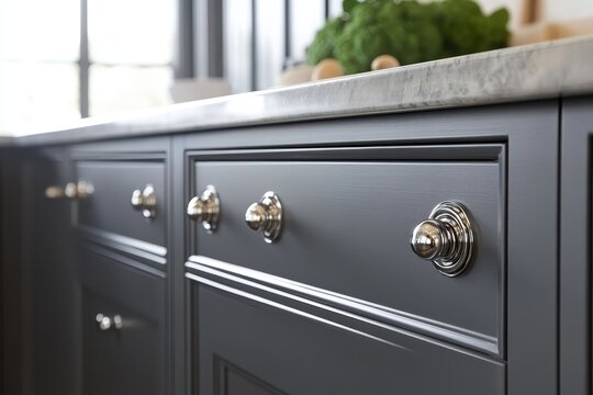 Close-up of dark gray kitchen cabinets with polished chrome knobs. Perfect for showcasing kitchen design, home decor, or luxury hardware.
