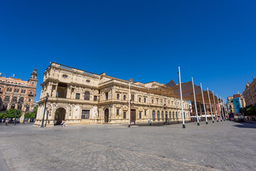 Seville, Spain - August 01, 2024: Historic town hall building in Sevilla. Historic Ayuntamiento de Sevilla Building