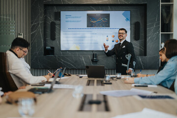 A multicultural group of business people engaged in a meeting, with a presenter discussing charts displayed on a screen in a sleek conference room setting.