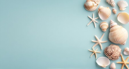 Collection of seashells and starfish arranged on a light blue background for summer decor