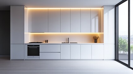 Sleek Modern Kitchen Interior with Minimalist Design and Ambient Lighting in a Bright Open Space with Large Windows and White Cabinets