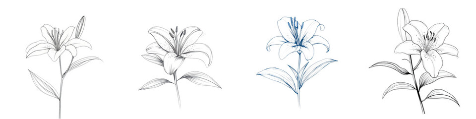 Obraz premium Elegant and delicate lily flowers in a minimalist sketch style with outline strokes This botanical showcases the beauty and graceful nature of these floral blooms in a monochrome