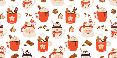 Seamless Christmas pattern with cacao drink, ginger cookie, present and lollipop. Vector illustration for textile, postcard, wrapping paper, poster, background, book, t-shirt.