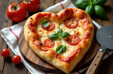 Italian delicious aromatic pizza in the shape of a heart. Romantic dinner on Valentine's Day. Valentine's Day concept, declaration of love over dinner