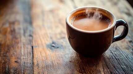A steaming cup of coffee on a rustic wooden table.