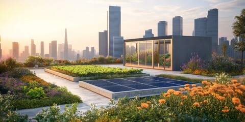 Fototapeta premium Urban Rooftop Garden with Greenery, Solar Panels, and City Skyline at Sunset, Showcasing Sustainable Living and Nature in Urban Environments