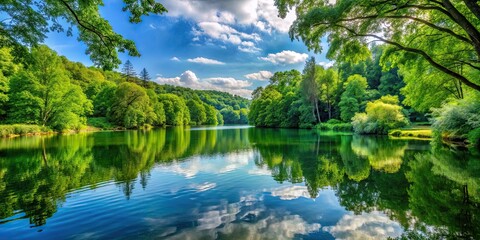 Tranquil lake water surrounded by lush green trees , Serene, peaceful, nature, reflection, landscape, outdoors, scenery
