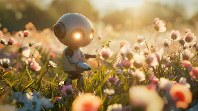 A cute robot in a flower field