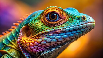 Fototapeta premium Close-up of brightly colored lizard with intricate scales and expressive eyes in natural habitat under soft lighting, lizard