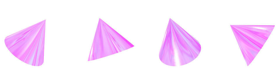 Set of 4 3d iridescent cone isolated on a transparent background. Pink tone. 3d elements for graphic design.