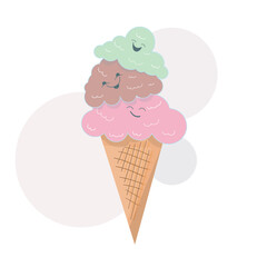 Cartoon kawaii ice cream cone. Vector illustration. 