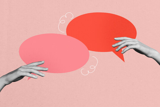 Trendy art photo collage of colorful bubble communication cloud phrase two hands speech dialogue chatting isolated on pink color