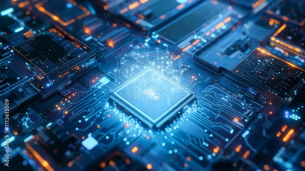 Poster close up of an advanced microchip with data flowing through it