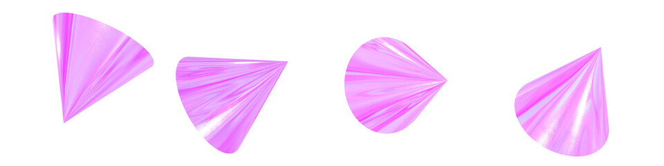 Set of 4 3d iridescent cone isolated on a transparent background. Pink tone. 3d elements for graphic design.