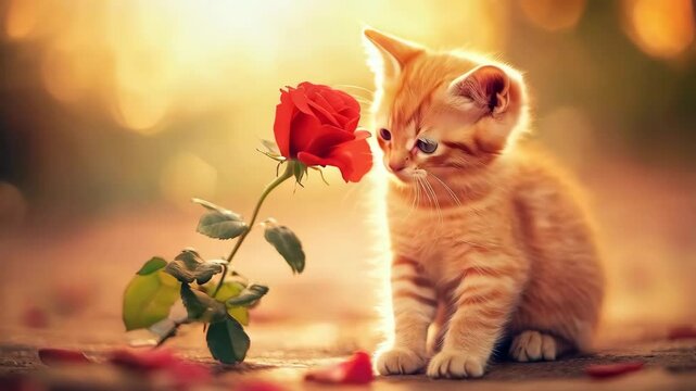 Cute baby cat smelling a red rose
