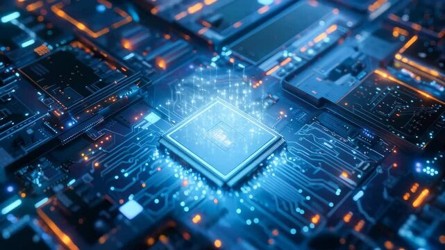 Close up of an advanced microchip with data flowing through it