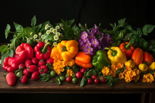 A rainbow arrangement of bell peppers red, yellow, green, orange on a rustic wooden table.