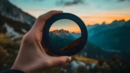 Hand Holding A Camera Lens Focused On A Beautiful Mountain Landscape At Sunset, Highlighting The Art Of Photography And Nature. Generative AI