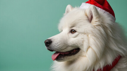 Fototapeta premium Cheerful Samoyed Dog in Santa Hat on Pastel Green Background