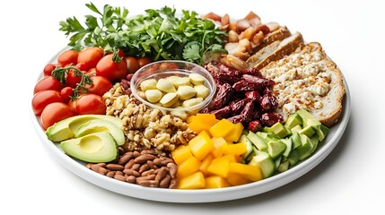 A plate of colorful, healthy foods including avocado, tomatoes, and whole grain bread, paired with functional food items like antioxidant-rich supplements 