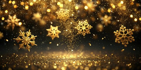Golden snowflake particles falling on a dark elegant surface with a sparkling holiday effect, holiday, golden, snowflake