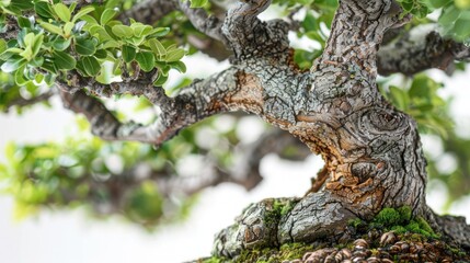 Fototapeta premium A close-up of a bonsai tree, showcasing its intricate bark and lush green leaves.