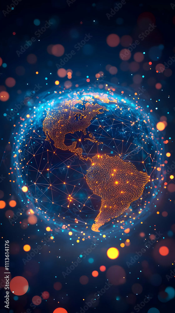Poster A digital globe representation with glowing connections and vibrant bokeh effects.