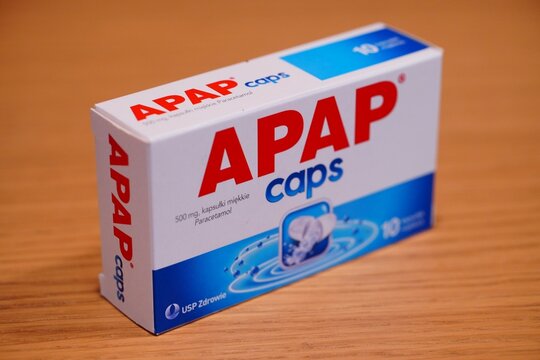Box of Apap Caps brand paracetamol capsules