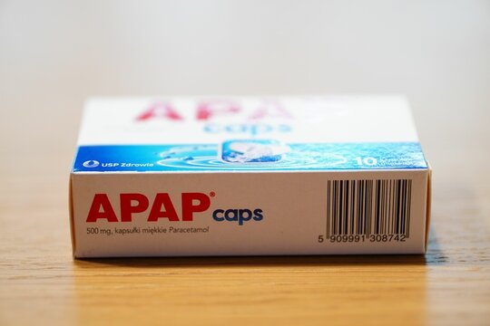 Apap Caps brand paracetamol pain killers in a box