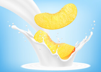 Fresh ripe apricot slices falls into a splash of yogurt or milk, cocktail splash with drops, Milkshake splash with sweet juicy fruit. Realistic 3d vector illustration