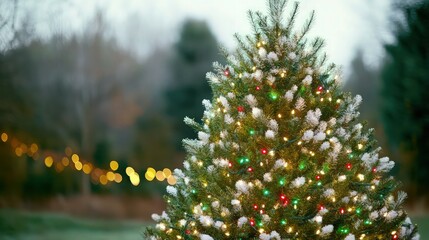 Christmas tree lit up with all white twinkling lights out of focus bokeh in the shape of a triangle with green and red .