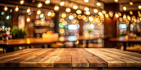 Obraz premium Empty wooden table top with lights bokeh on blur restaurant background, table, empty, wooden, lights, bokeh, blur, restaurant