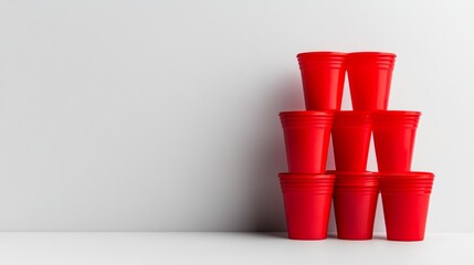 Stack of red plastic cups on a white background. The cups are arranged in a pyramid shape
