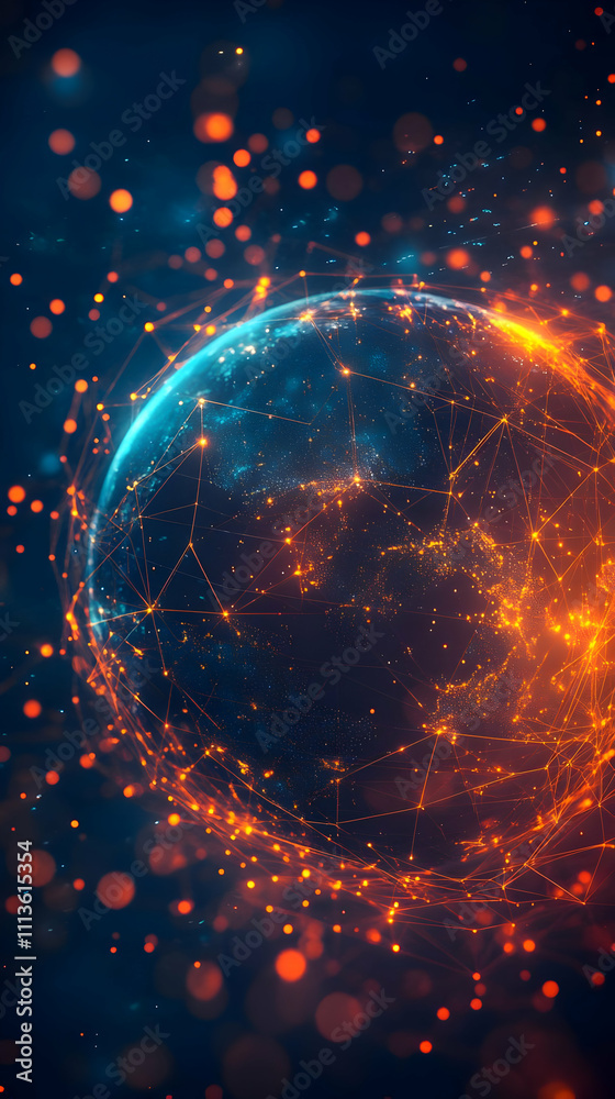 Poster A digital representation of a globe with glowing connections and particles.