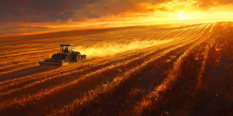 Fototapeta premium Tractor in Golden Wheat Field During Sunset with Dramatic Sky and Dust Clouds in Agricultural Landscape