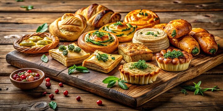 Delicious assortment of savoury pastries on a rustic wooden board, savoury, pastries, delicious, assortment, baked, flaky
