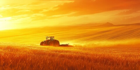 Naklejka premium Golden Sunset Over Fields with Tractor Plowing, Capturing the Essence of Agriculture and Nature's Beauty in Rural Landscape
