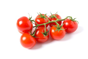 Bunch of fresh red tomatoes on white background, top view