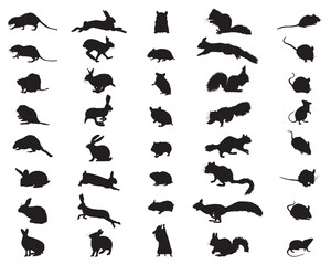 Black silhouettes of rodents on a white background				

