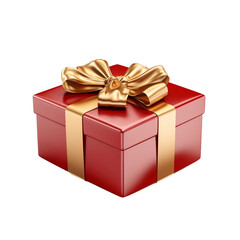 Red gift box with gold ribbon. Concept of celebration, presents, and joy.