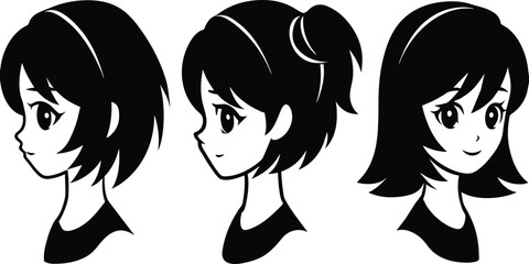 Anime girl heads in side and front views silhouette vector illustration