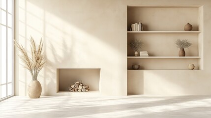 Fototapeta premium Minimalist Beige Room Decor Featuring Built In Shelving