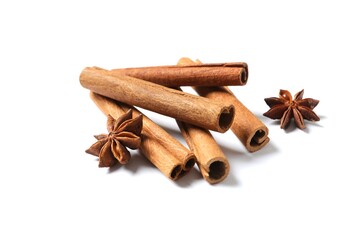 Aromatic cinnamon and anise stars on a white background