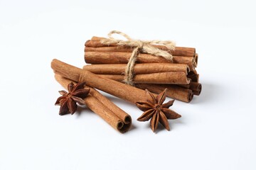 Aromatic cinnamon and anise stars on a white background