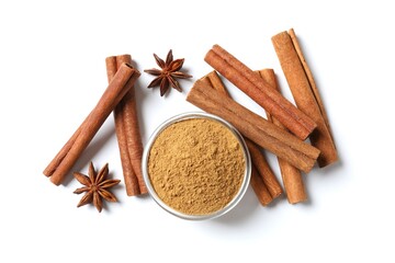 Aromatic cinnamon and anise stars on a white background