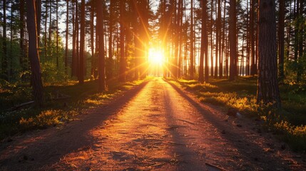 Fototapeta premium Golden sunset over tranquil forest path nature photography serene landscape outdoor environment warm atmosphere