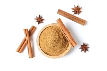 Aromatic cinnamon and anise stars on a white background
