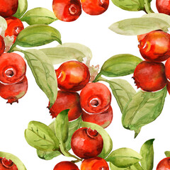 Seamless pattern of a branch of ripe cranberries.