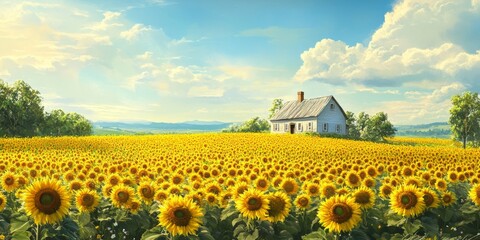 Vibrant Landscape of Golden Sunflower Field Surrounding a Charming House Under a Bright Blue Sky with Fluffy White Clouds